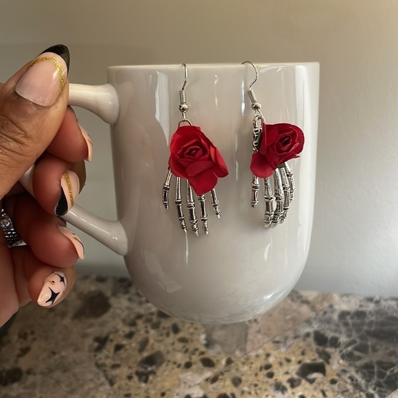 Silver Skeleton Rose Hand Halloween Earrings - Picture 8 of 9